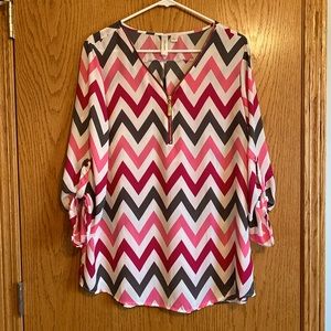 Tacera Chevron Striped Blouse | Pink Raspberry Gray Zipper Neck